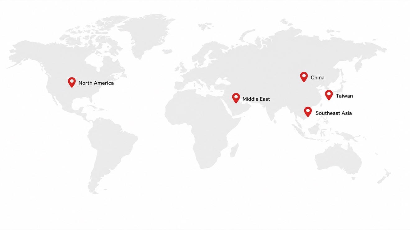 Markets served by KSG across North America, the Middle East, China, Taiwan, and Southeast Asia