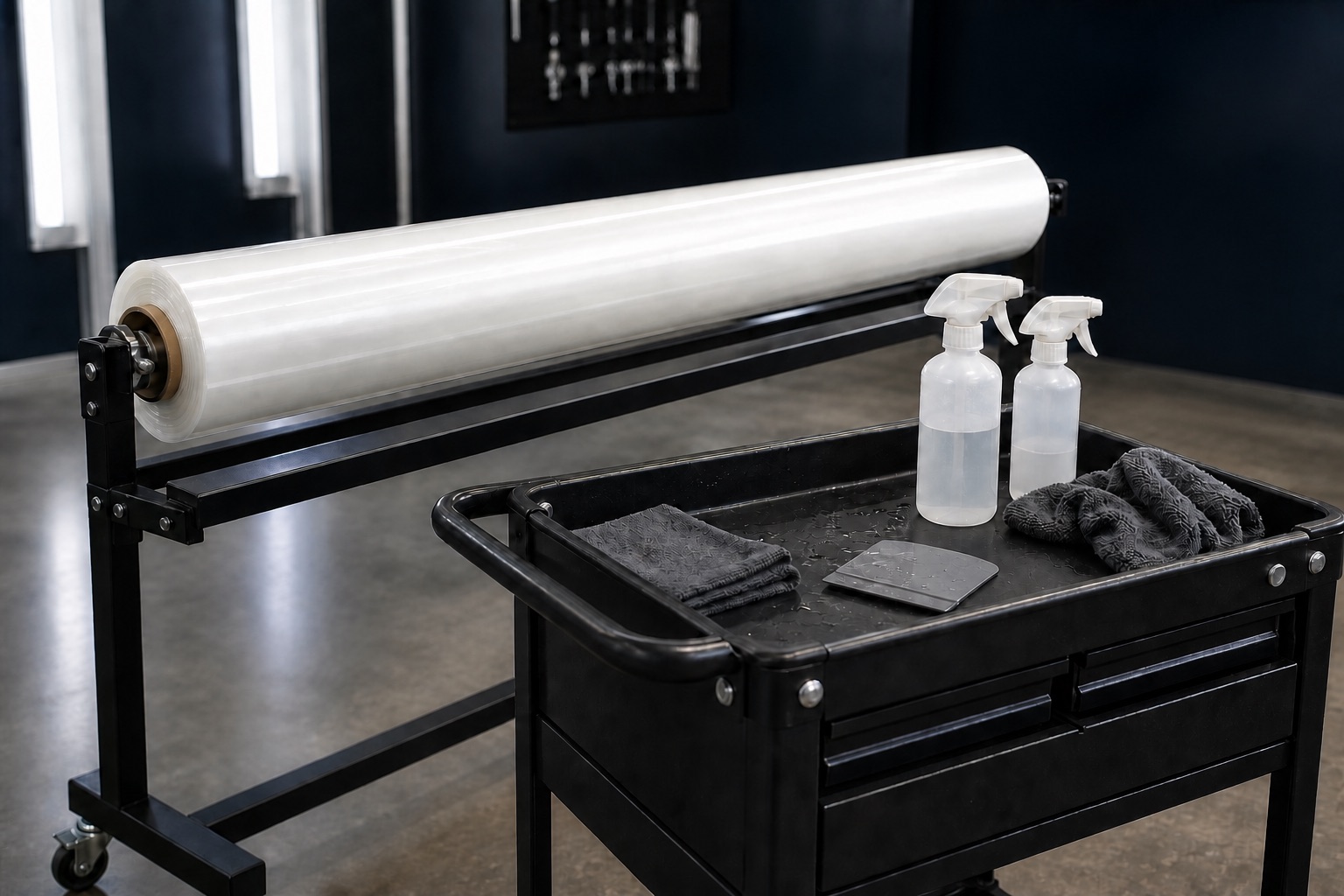 A full-width clear PPF roll beside a prepared installation tool cart